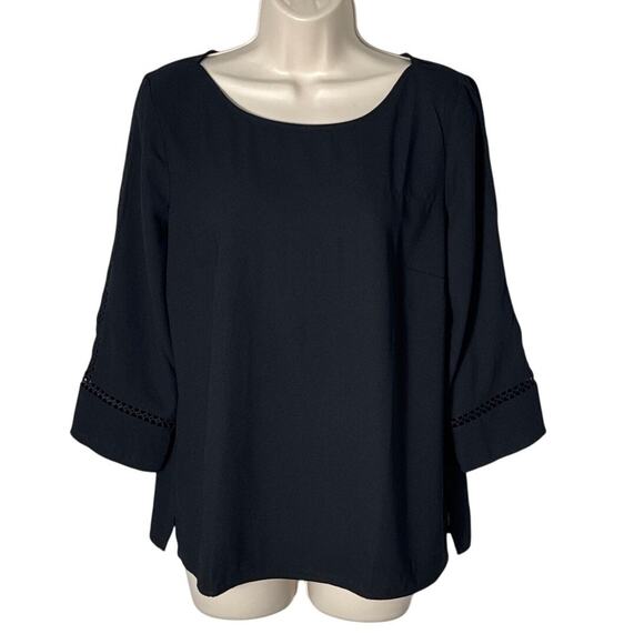 NWT Talbots Petite Lace Sleeve Crepe Popover Blouse Black Size MP - Picture 4 of 9